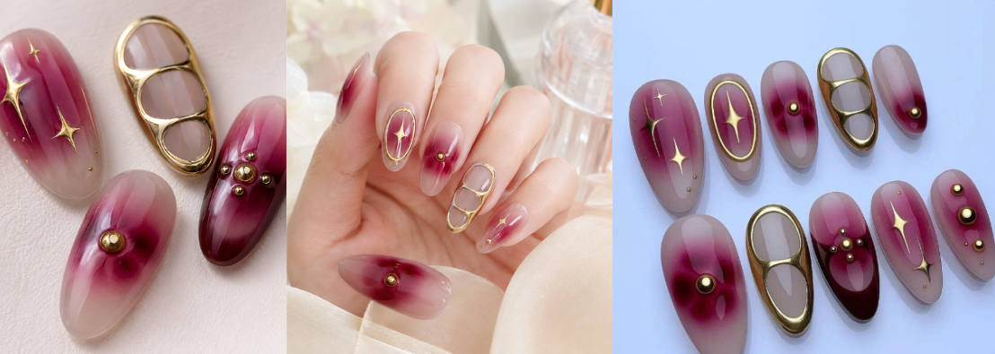 Bộ Nail Box NEO Nails màu đỏ rượu và vàng ánh kim